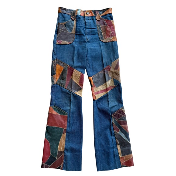 Vintage 70s Aura Rosemary Denim Leather Patchwork Vest & Flare Jeans Set L 32 - Picture 4 of 15